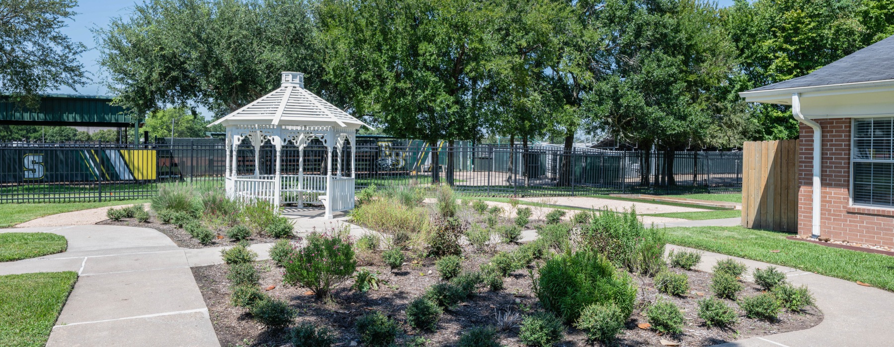 a peaceful walkway and gazebo